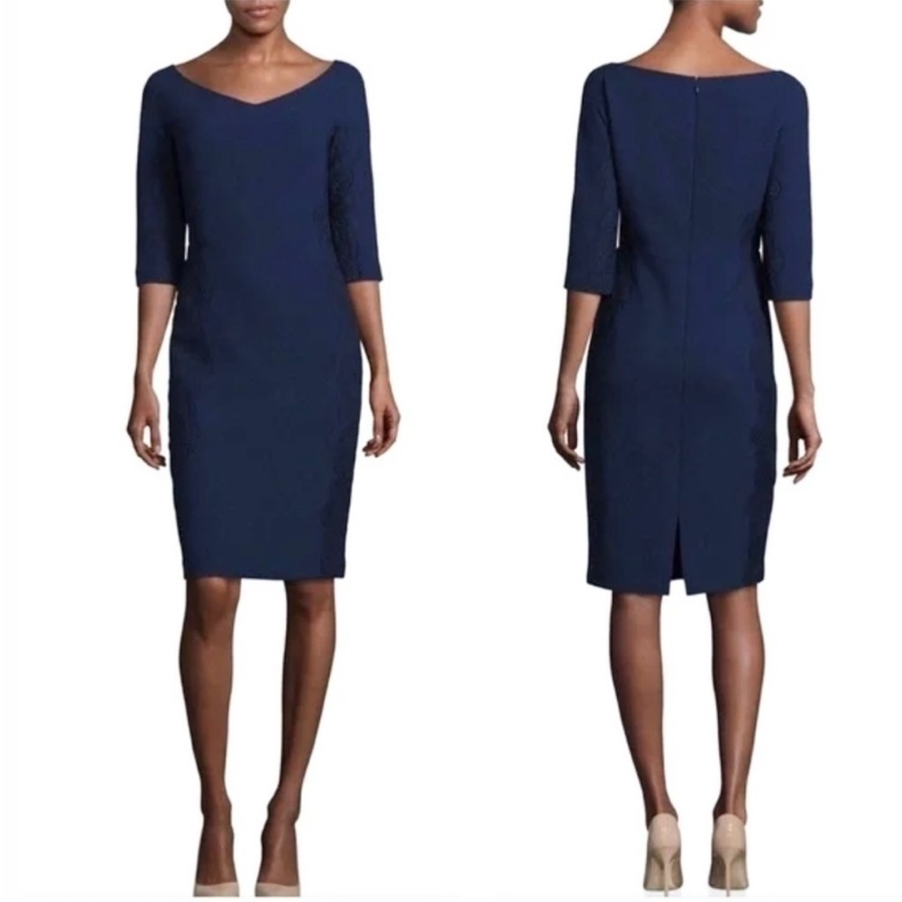 Lafayette 148 NY Alexia 100% Wool Midnight Blue Lace Side Detail Midi Dress | 10